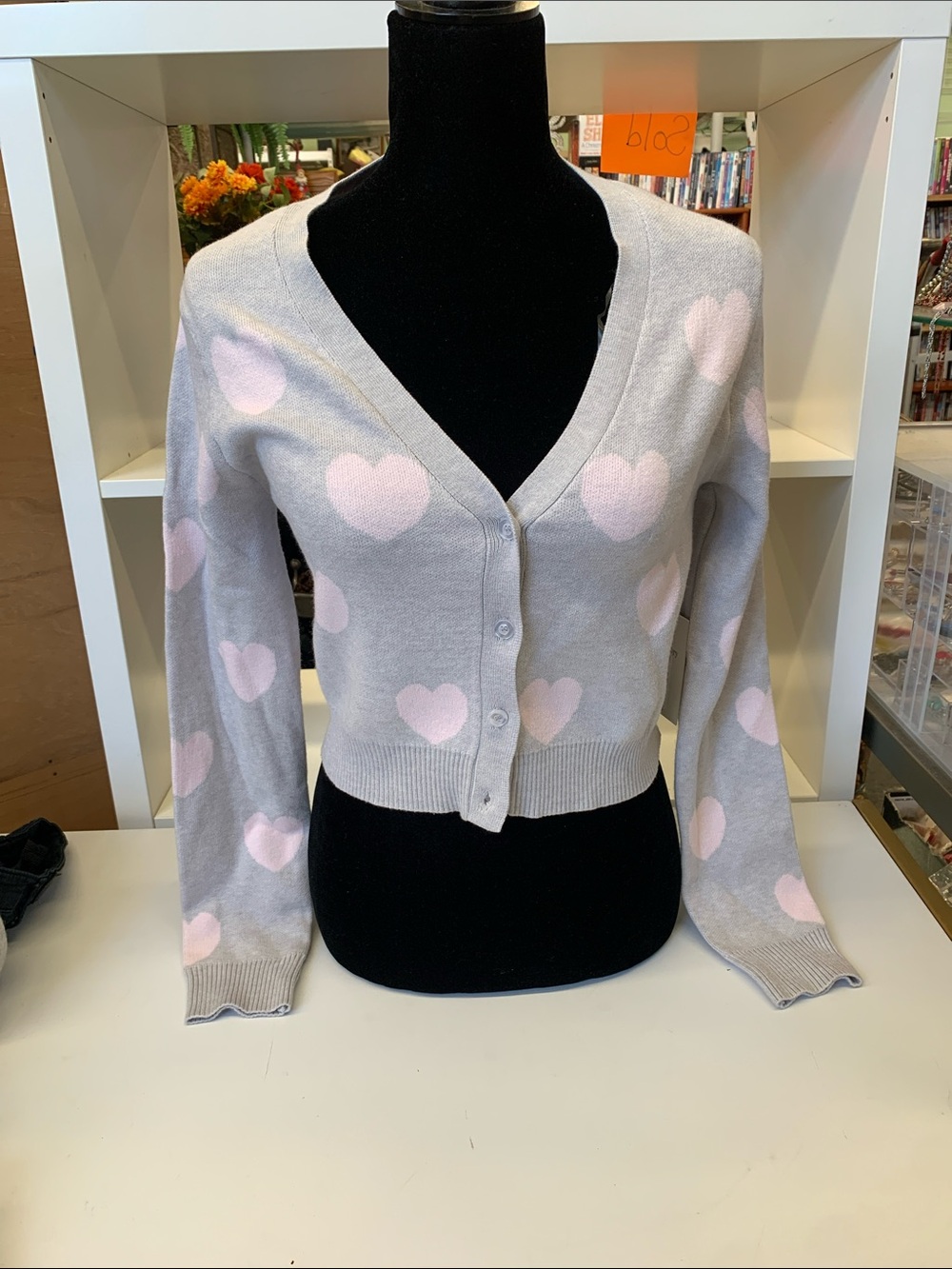 Theory Gray Cardigan with Pink Heart Motif